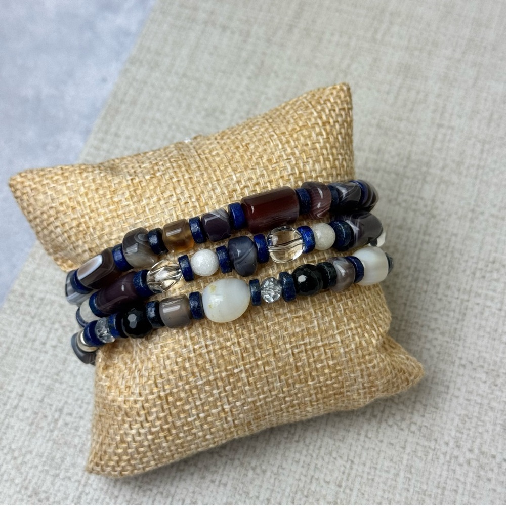 Agate Sodalite Crystal Beaded Stretch Bracelet Set of 3 Handmade